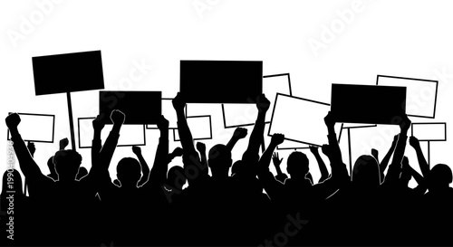 Silhouette of people holding signs protest.