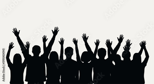 Silhouette of people raising hands.