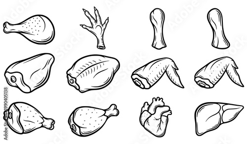 Raw Chicken Meat Parts Outline Icon Set Leg Wing Feet Neck Back Heart Liver Black Contour Vector Illustration