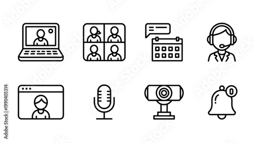 Modern Remote Work Meeting Line Icon Set  Video Call, Online Conference, and Team Collaboration