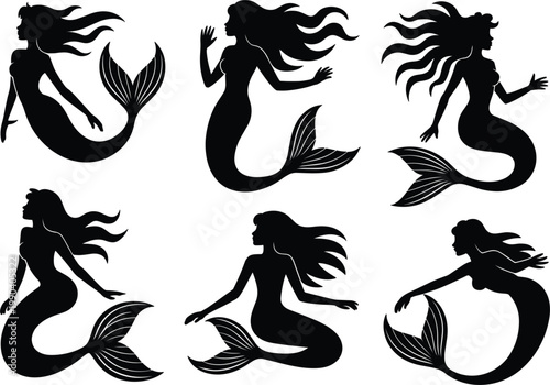 Mermaid silhouettes collection, fantasy ocean female characters with flowing hair and tails, elegant vector illustration set