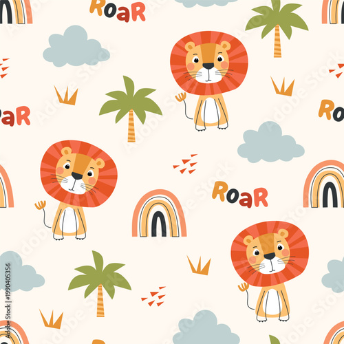 seamless pattern of cute lions, rainbows, and palm trees. whimsical nursery vector flat illustration on light background for kids wallpaper, baby fabric, and room decor.