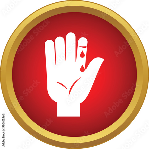 Hand showing a bleeding cut on a finger, featuring a simple icon style in a red circle