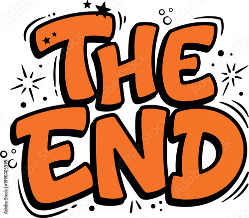 The End Vector Drawing with Whimsical Stars and Sparkles, Comic Style Illustration for Closure