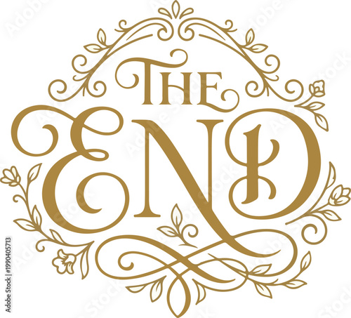 The End decorative flourish in a golden vector drawing, elegant lettering and floral elements on a white background