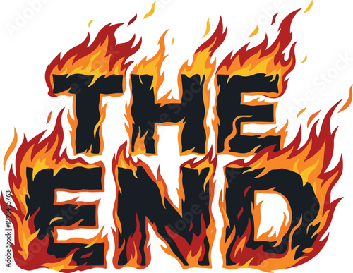 The End vector drawing on fire, dramatic conclusion of a story, final scene illustration