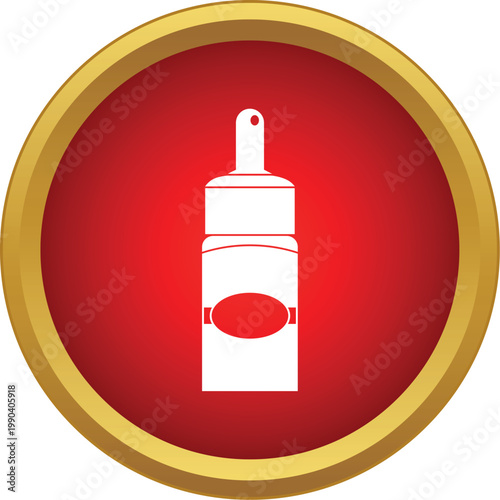 White nasal spray bottle with a red label inside a red and gold circle
