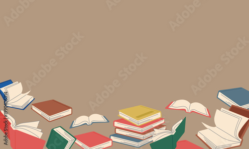 レトロな配色の本や書類が積み上がった背景フレーム