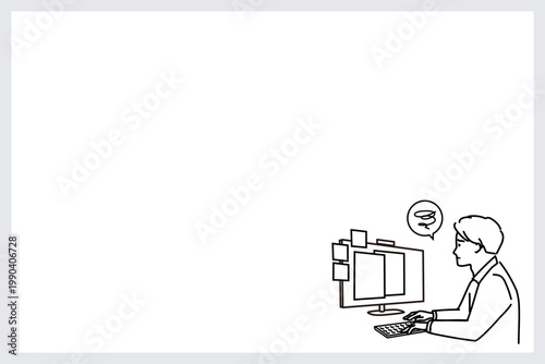 コピースペースのある会議前にパソコンで準備する男性（こじらせ)（線画）