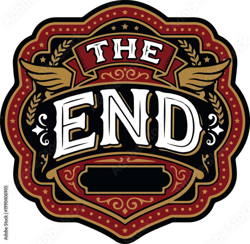 The End 95 vector drawing of a vintage style label with wings and decorative border elements