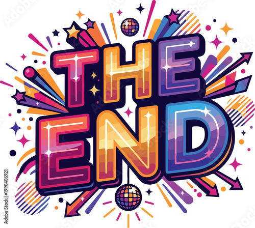 The End vector drawing with colorful exploding elements and disco ball, perfect for closing sequences