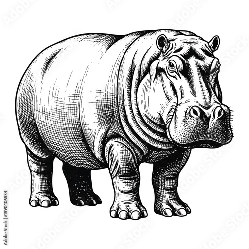 Hippopotamus Standing Sideways Looking Forward.