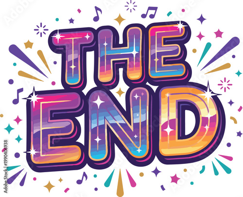The End Vector Drawing with Stars and Confetti, Perfect for Movie or Show Finale