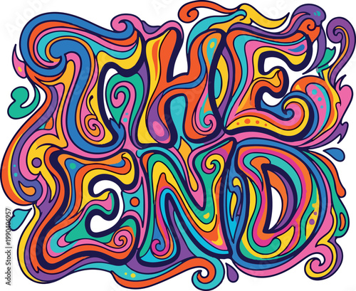 The End graphic vector drawing, psychedelic wavy retro design with vibrant colors, abstract illustration for closure
