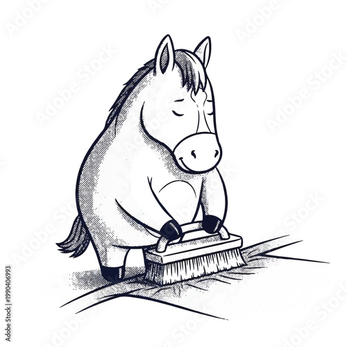 Horse brushing its own hooves carefully.