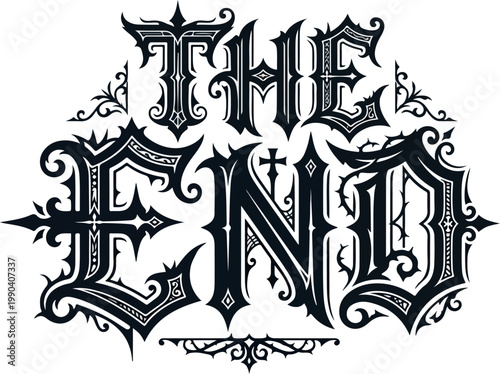 The End - Black Gothic Ornamental Typography Vector Drawing