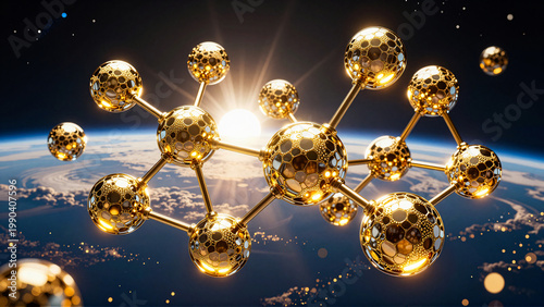 Golden Molecular Structure Floating Above Earth