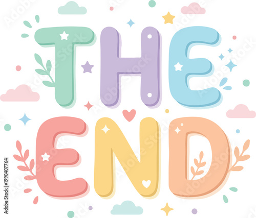 Vector drawing of cute pastel colored typography spelling 'The End', with stars and clouds for a whimsical feel