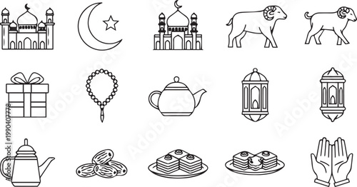 Modern Islamic Celebration Decoration and Holy Month Symbols Line Art