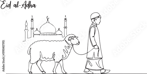 Muslim Boy with Sacrificial Sheep and Mosque