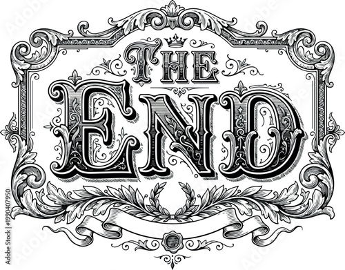 The End Vintage Typography Drawing Vector - Decorative Ornate Frame