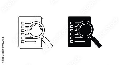 A pair of black and white line art icons depicting a checklist with a magnifying glass examining it
