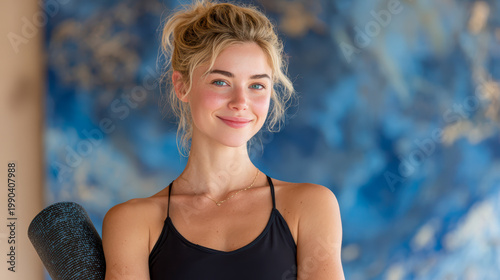 Young woman holding yoga mat smiling confidently, fitness wellness lifestyle, healthy female in sportswear indoor portrait with blue background