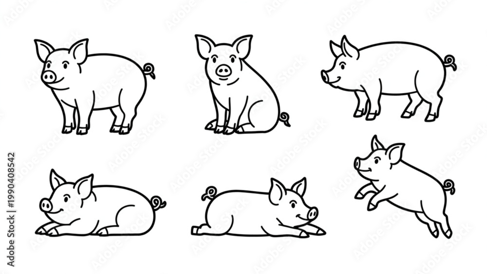 Obraz premium Cute Farm Pig Character Set Sitting, Standing and Walking Pigs Line Art Illustration Collection
