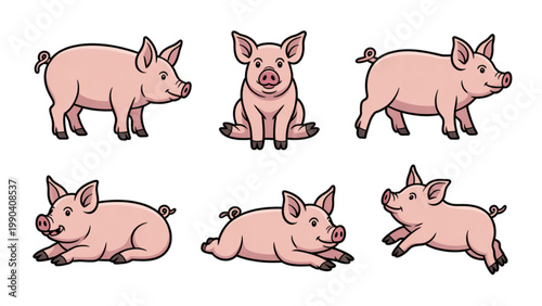 Cute Farm Pig Character Set Sitting, Standing and Walking Pigs Line Art Illustration Collection