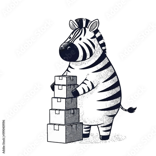 Zebra stacking boxes with hands.