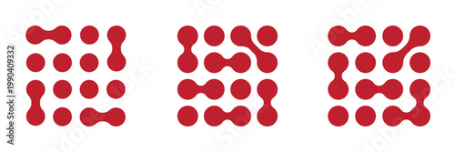 Set of meta ball patterns. Diagonal meta ball connected circles shape. Abstract nerve cell dots or computer nano net. Linked liquid drops or round amorphous shapes isolated on white background. 