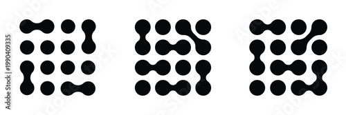 Set of meta ball patterns. Diagonal meta ball connected circles shape. Abstract nerve cell dots or computer nano net. Linked liquid drops or round amorphous shapes isolated on white background. 