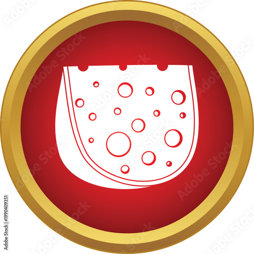 Cheese slice vector icon with holes in a round red and gold button