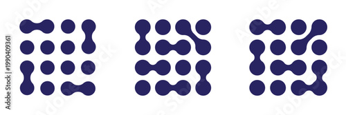 Set of meta ball patterns. Diagonal meta ball connected circles shape. Abstract nerve cell dots or computer nano net. Linked liquid drops or round amorphous shapes isolated on white background. 