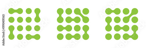 Set of meta ball patterns. Diagonal meta ball connected circles shape. Abstract nerve cell dots or computer nano net. Linked liquid drops or round amorphous shapes isolated on white background. 