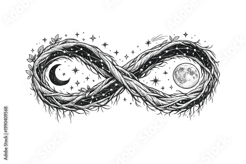 Black and white illustration of infinity symbol made of vines with moon phases and stars