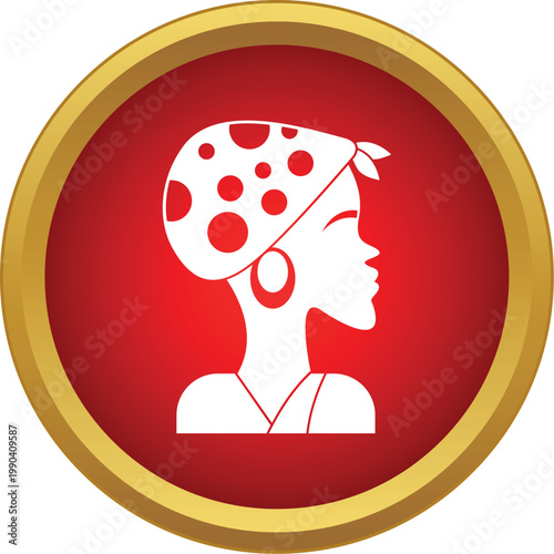 African woman silhouette in profile wearing a headscarf inside a red and gold circle