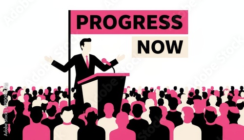 Illustration of a public speaker addressing a crowd demanding progress immediately now.