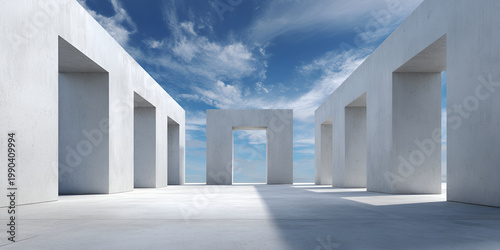 Modern architectural structure with white walls and open rectangular entrances, leading to a blue sky with scattered clouds. The composition has an expansive feeling