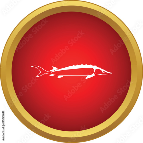 White sturgeon fish silhouette in a red circle with a golden border