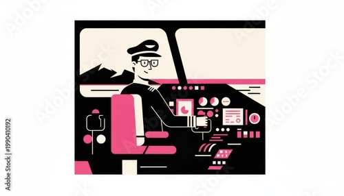 Illustration of a pilot in the cockpit of an airplane, wearing a hat and glasses