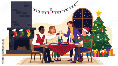 Diverse friends celebrating christmas dinner party with festive food and holiday fireplace.