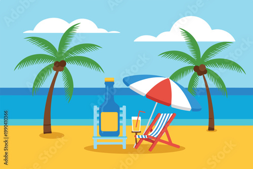 Summer beach scene with deck chair umbrella bottle and palm trees tropical coastal relaxation concept for vacation travel poster.