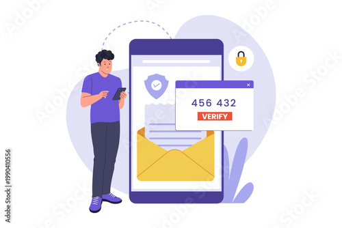 Illustration of Two Factor Authentication 2FA Email Verification. A man verifying his identity using a security code on his smartphone to access a protected email account, illustrating 2FA security