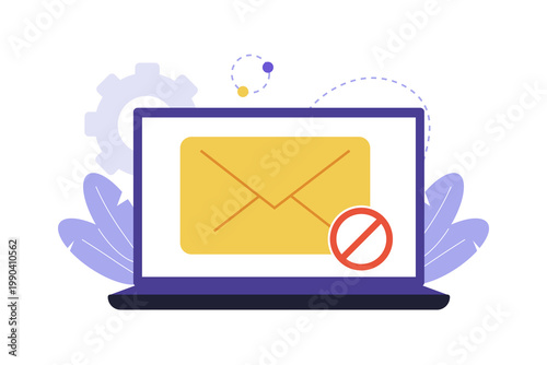 Illustration of Blacklisted Email Address and Blocked Message. A laptop screen displaying an email envelope with a red prohibited sign, representing a blacklisted or blocked sender and server
