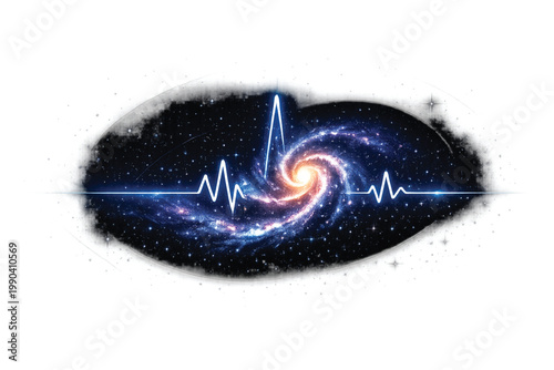 Vibrant galaxy with swirling purple and blue stars and a blue ecg line