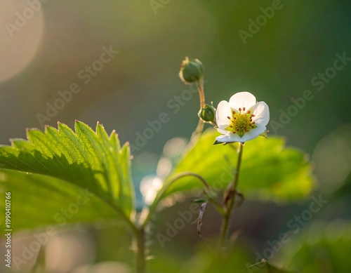 White Strawberry Flower Blooming In A Garden Under Warm Golden Sunlight With Green Leaves And Bokeh Background Macro Photography