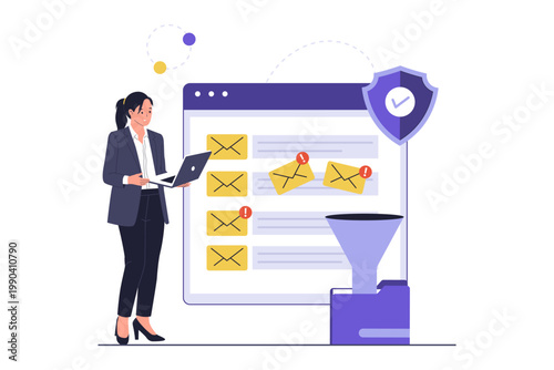 Email Spam Filter and Security Protection Concept. A professional woman filtering junk emails into a folder, representing cyber security and automated spam protection systems