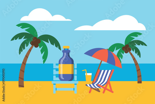 A tranquil beach scene with two palm trees, a bottle on a table, a beach chair, and an umbrella by the sea.
