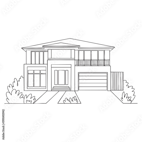 Black and white line of a two-story house with a porch and steps line house